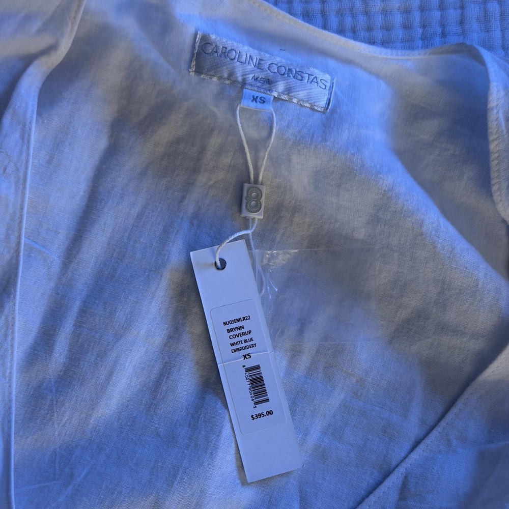 Caroline Constas Brynn Cover Up Womens XS White Blue Embroidered Ruffle Hem - Picture 13 of 16